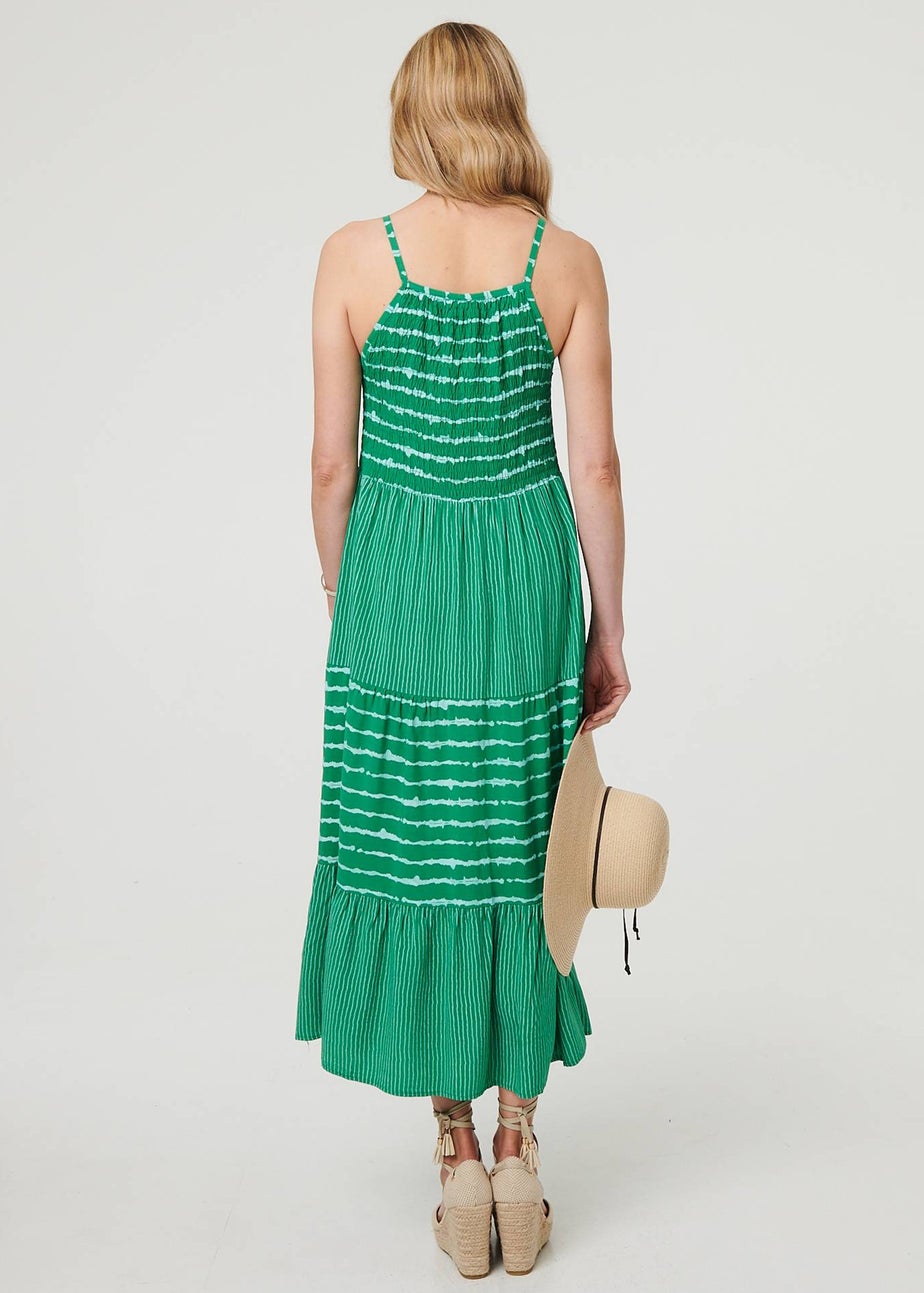 Izabel London Green Striped Ruched Texture Tiered Midi Dress