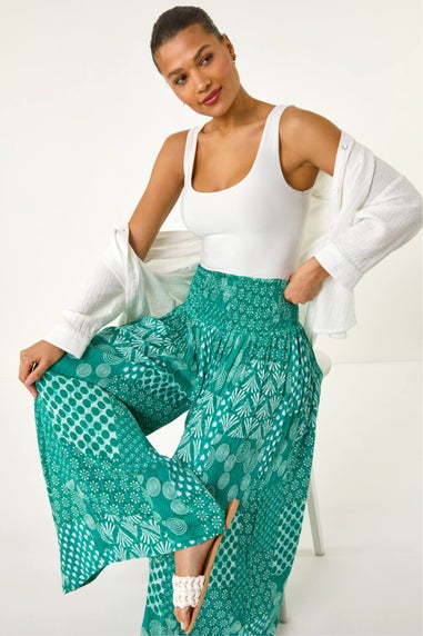 Roman Jade Swirl Print Palazzo Wide Leg Trouser