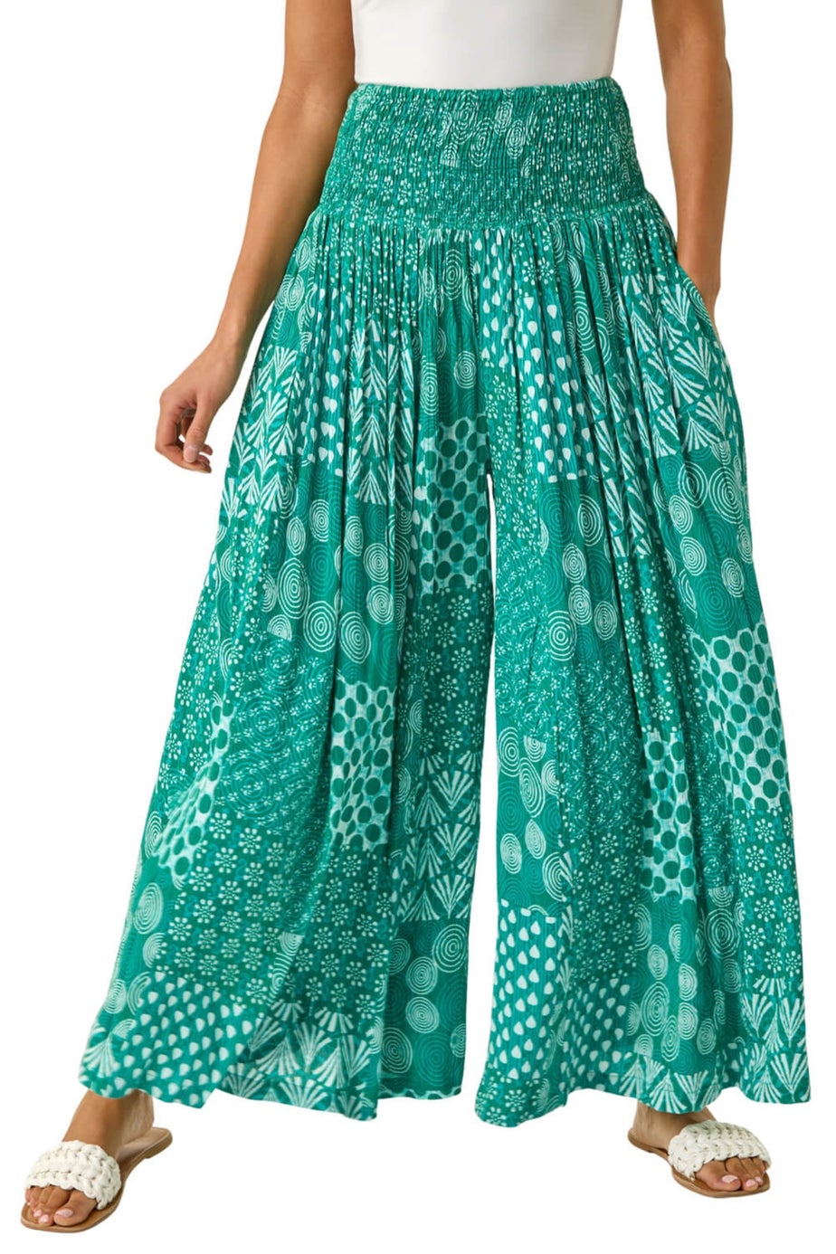 Roman Jade Swirl Print Palazzo Wide Leg Trouser