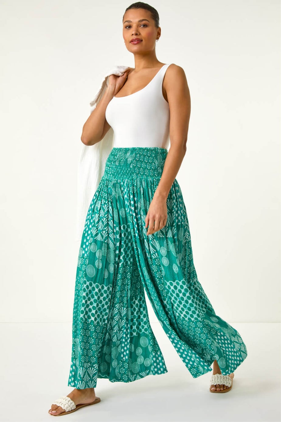 Roman Jade Swirl Print Palazzo Wide Leg Trouser