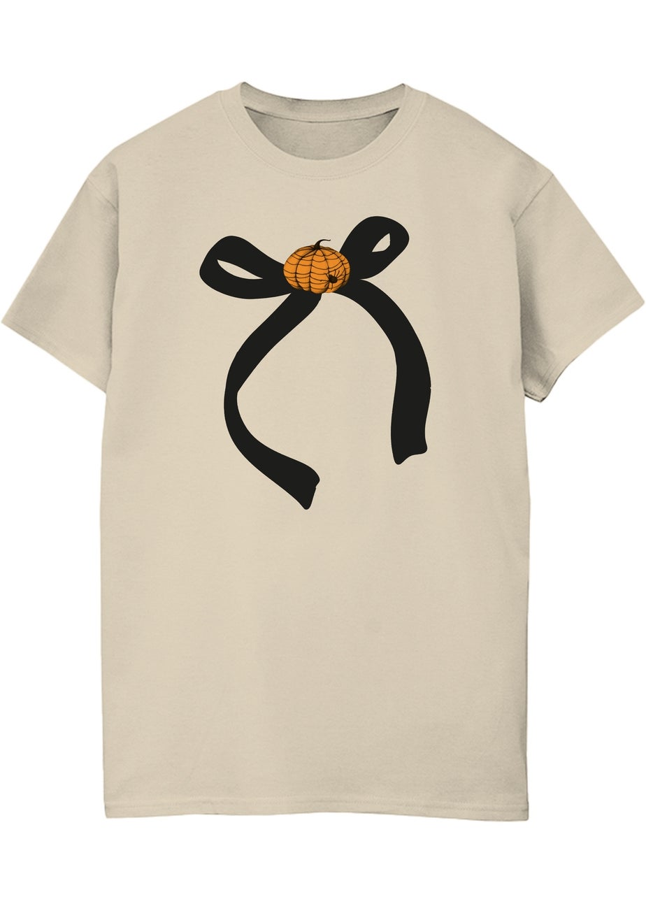 Brands In Halloween Pumpkin Bow Boyfriend Fit Women's Sand Graphic Boyfriend Fit T-Shirt