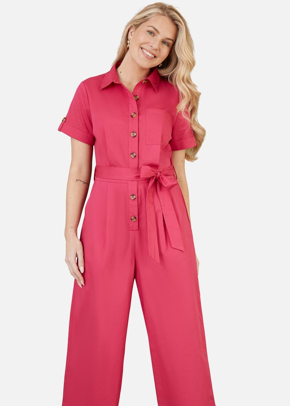 Yumi Pink Viscose Twill Button Up Utility Style Jumpsuit