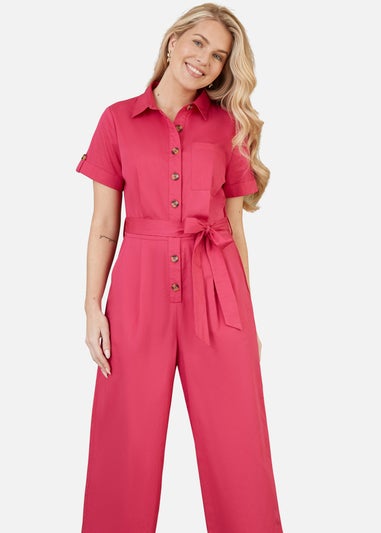 Yumi Pink Viscose Twill Button Up Utility Style Jumpsuit
