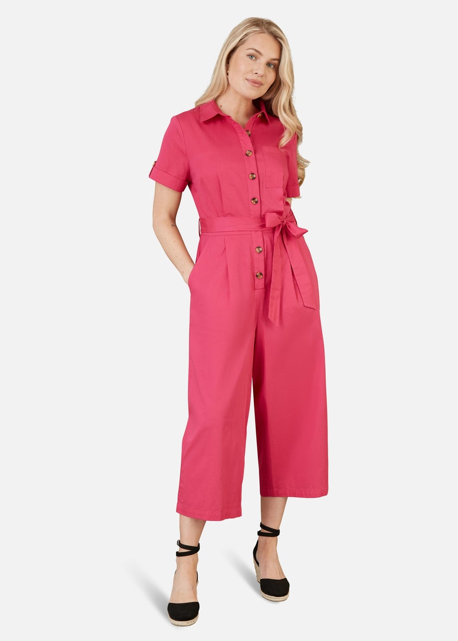 Yumi Pink Viscose Twill Button Up Utility Style Jumpsuit