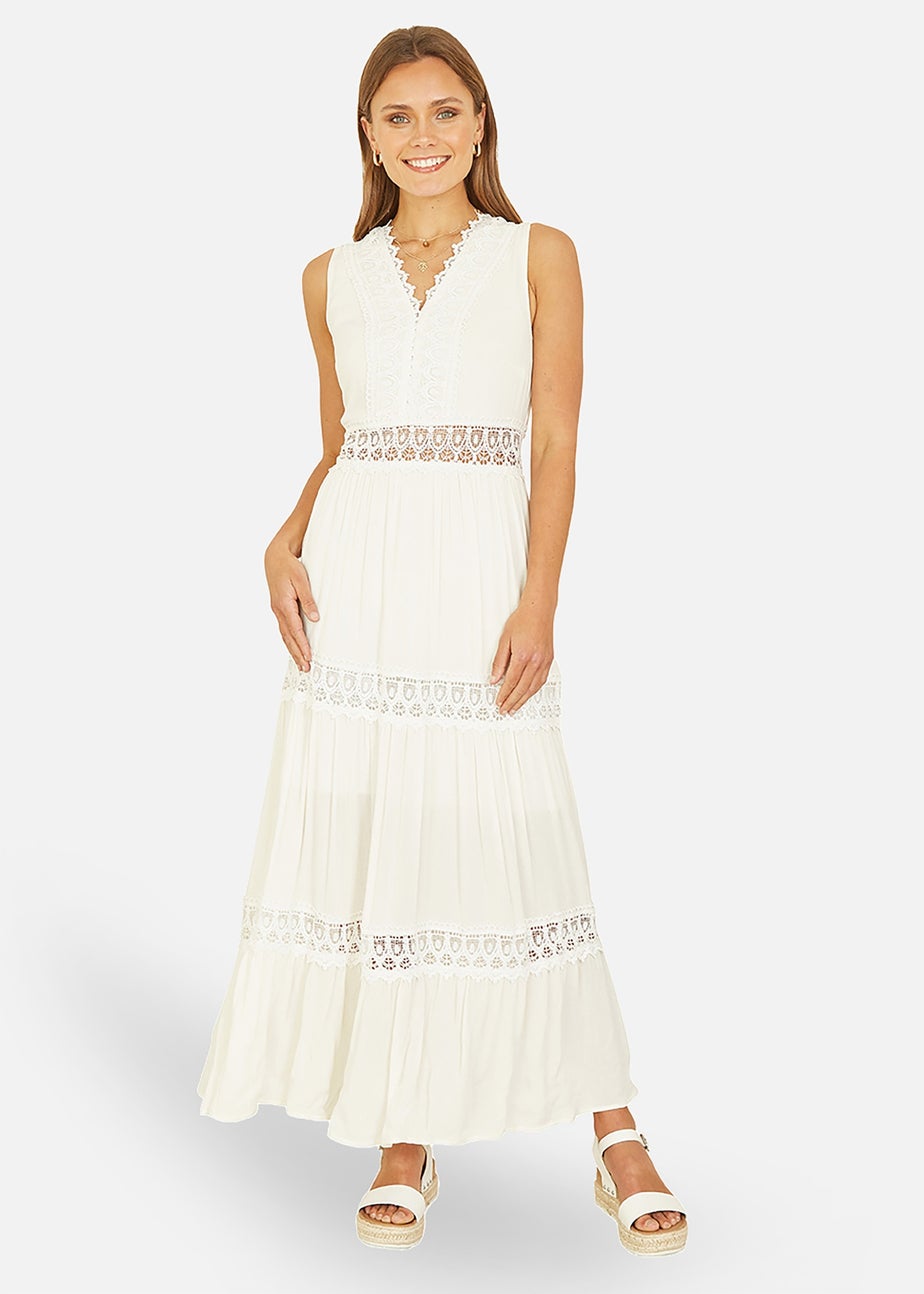 Yumi White Lace Trim Cotton Midi Sun Dress