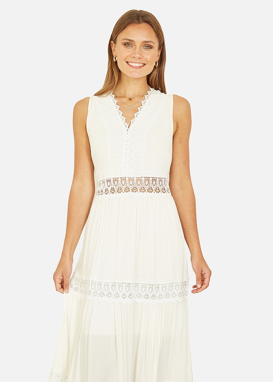 Yumi White Lace Trim Cotton Midi Sun Dress