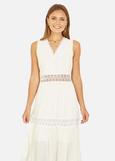 Yumi White Lace Trim Cotton Midi Sun Dress