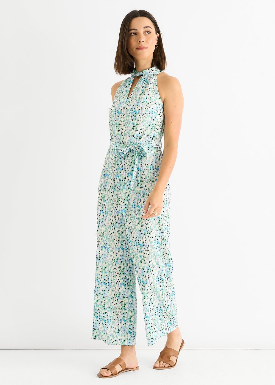 Gini London Blue Petit Halter Neck Keyhole Wide Leg Crop Jumpsuit