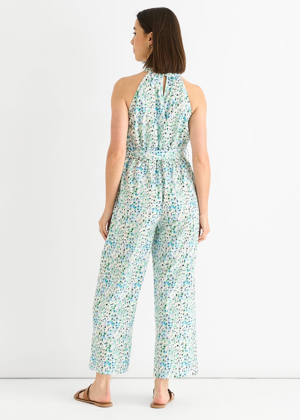Gini London Blue Petit Halter Neck Keyhole Wide Leg Crop Jumpsuit
