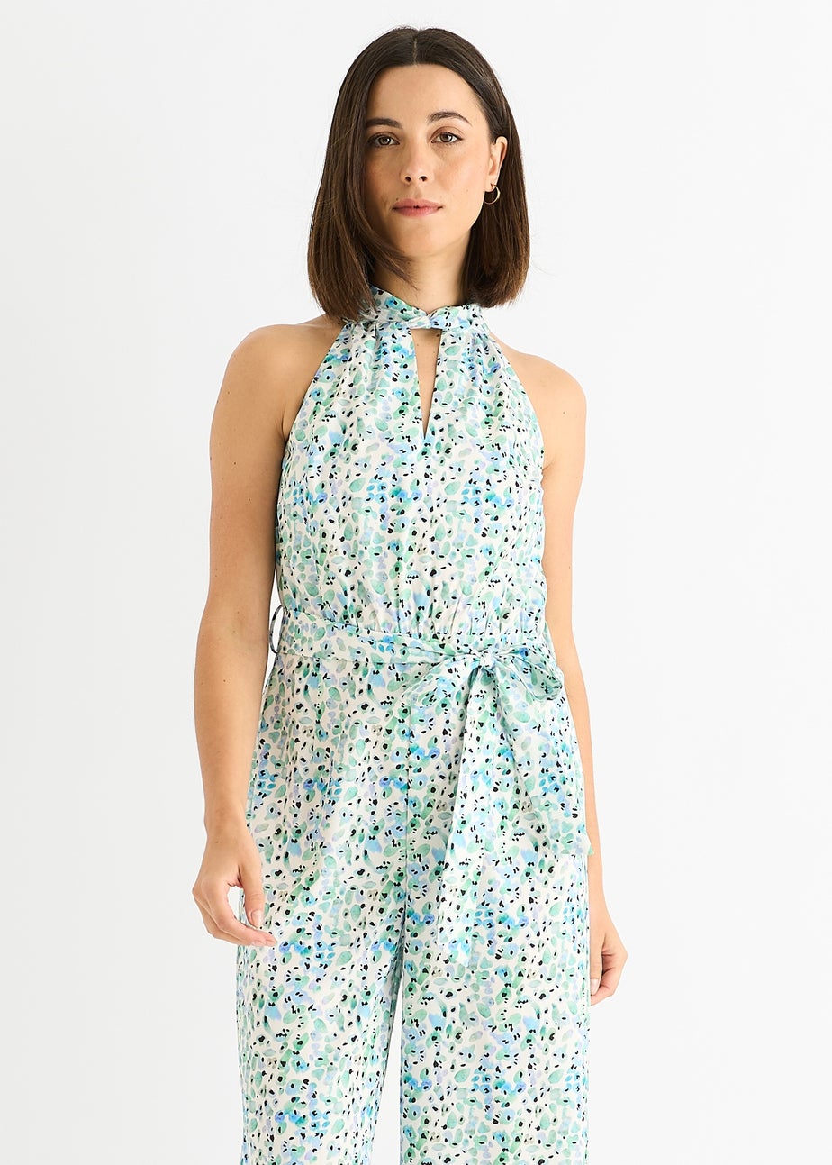 Gini London Blue Petit Halter Neck Keyhole Wide Leg Crop Jumpsuit