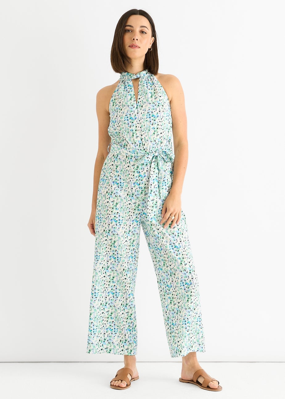 Gini London Blue Petit Halter Neck Keyhole Wide Leg Crop Jumpsuit
