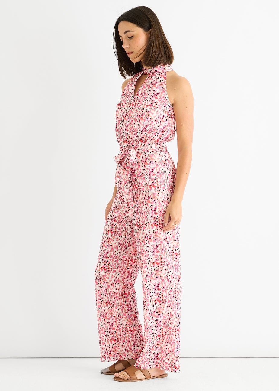 Gini London Pink Halter Neck Keyhole Wide Leg Jumpsuit