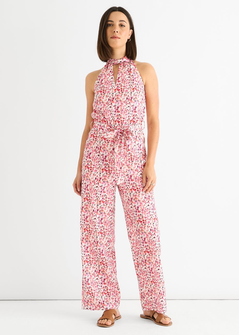 Gini London Pink Halter Neck Keyhole Wide Leg Jumpsuit