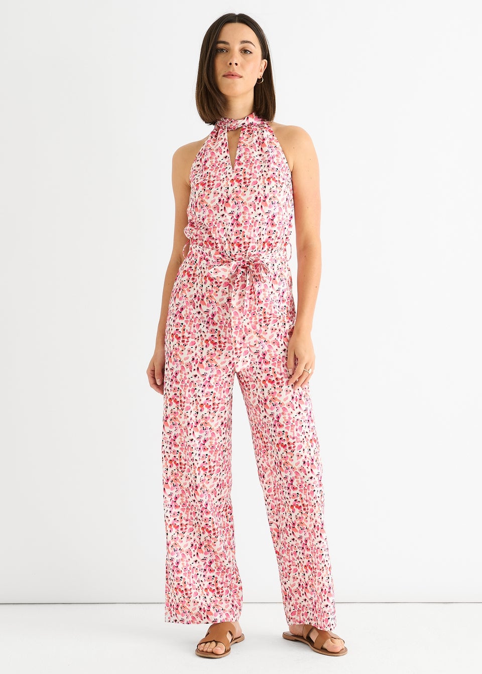 Gini London Pink Halter Neck Keyhole Wide Leg Jumpsuit