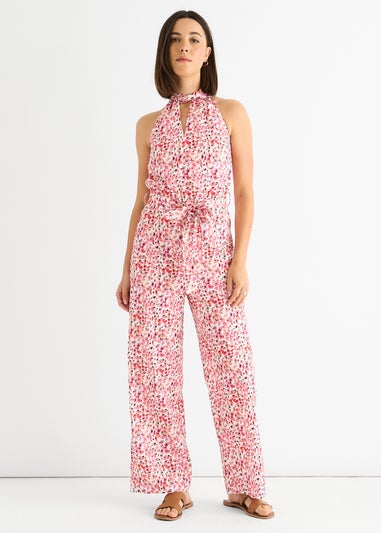 Gini London Pink Halter Neck Keyhole Wide Leg Jumpsuit
