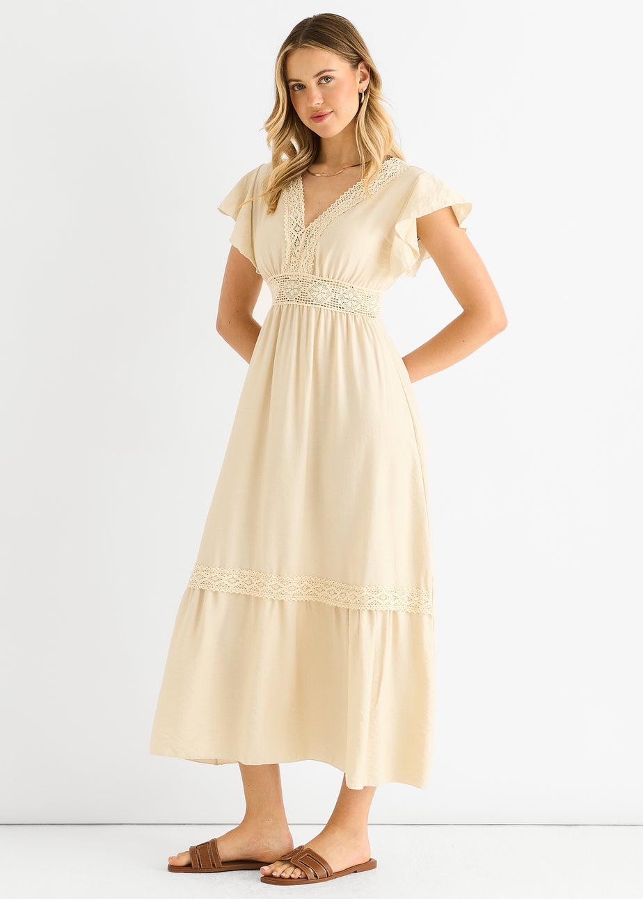 Gini London Beige Crochet Lace Panel Elasticated Waist Midi Dress