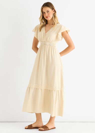 Gini London Beige Crochet Lace Panel Elasticated Waist Midi Dress