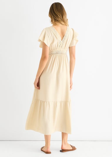 Gini London Beige Crochet Lace Panel Elasticated Waist Midi Dress