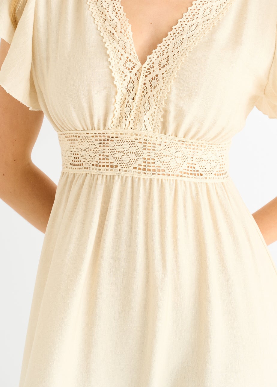 Gini London Beige Crochet Lace Panel Elasticated Waist Midi Dress