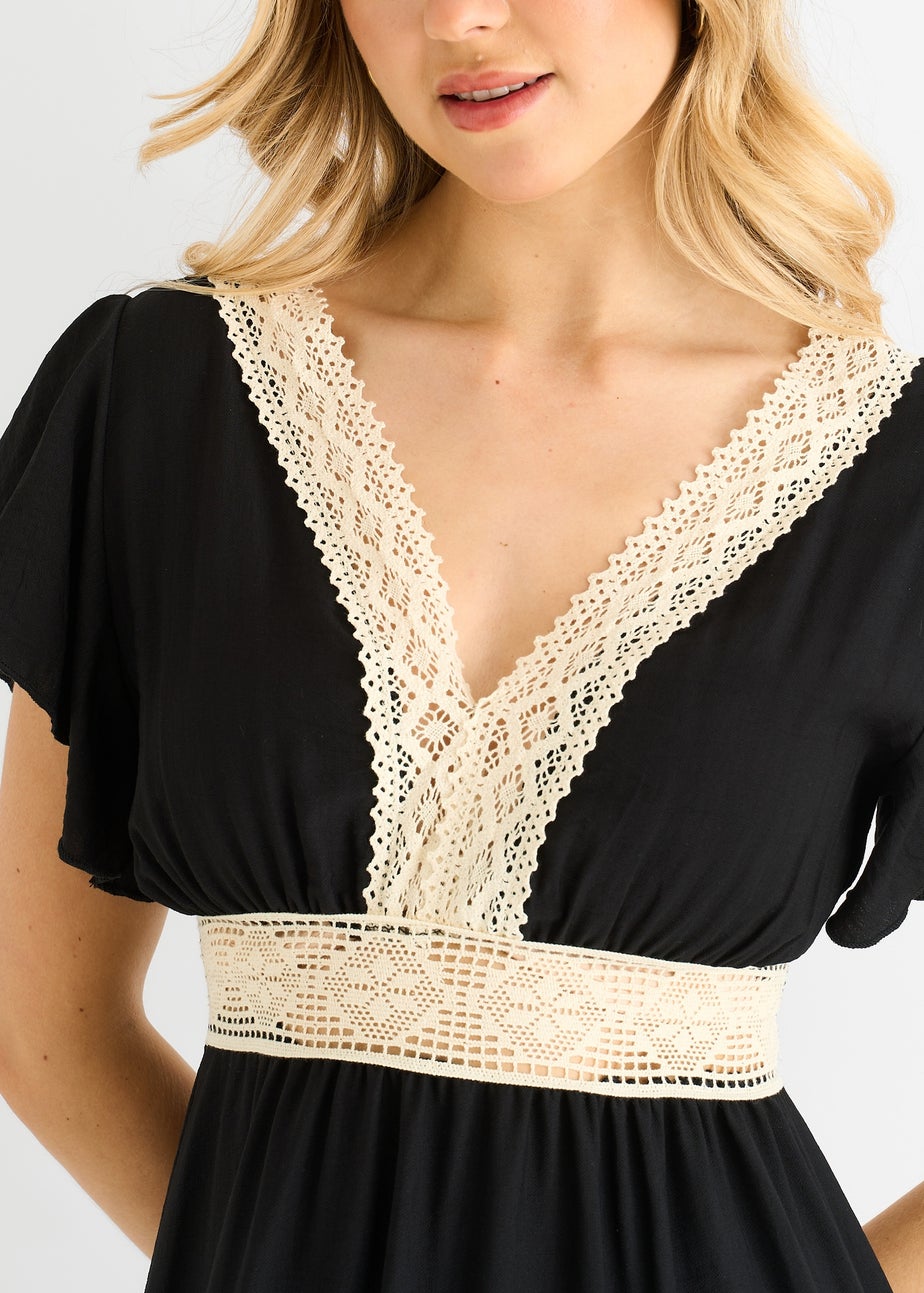 Gini London Black Crochet Lace Panel Elasticated Waist Midi Dress