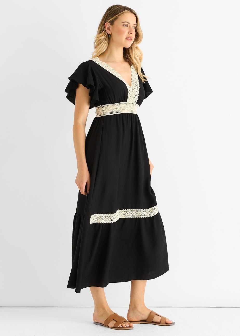 Gini London Black Crochet Lace Panel Elasticated Waist Midi Dress