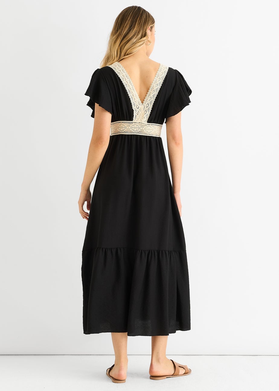 Gini London Black Crochet Lace Panel Elasticated Waist Midi Dress