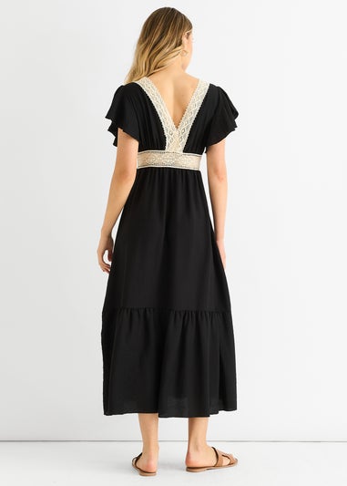 Gini London Black Crochet Lace Panel Elasticated Waist Midi Dress