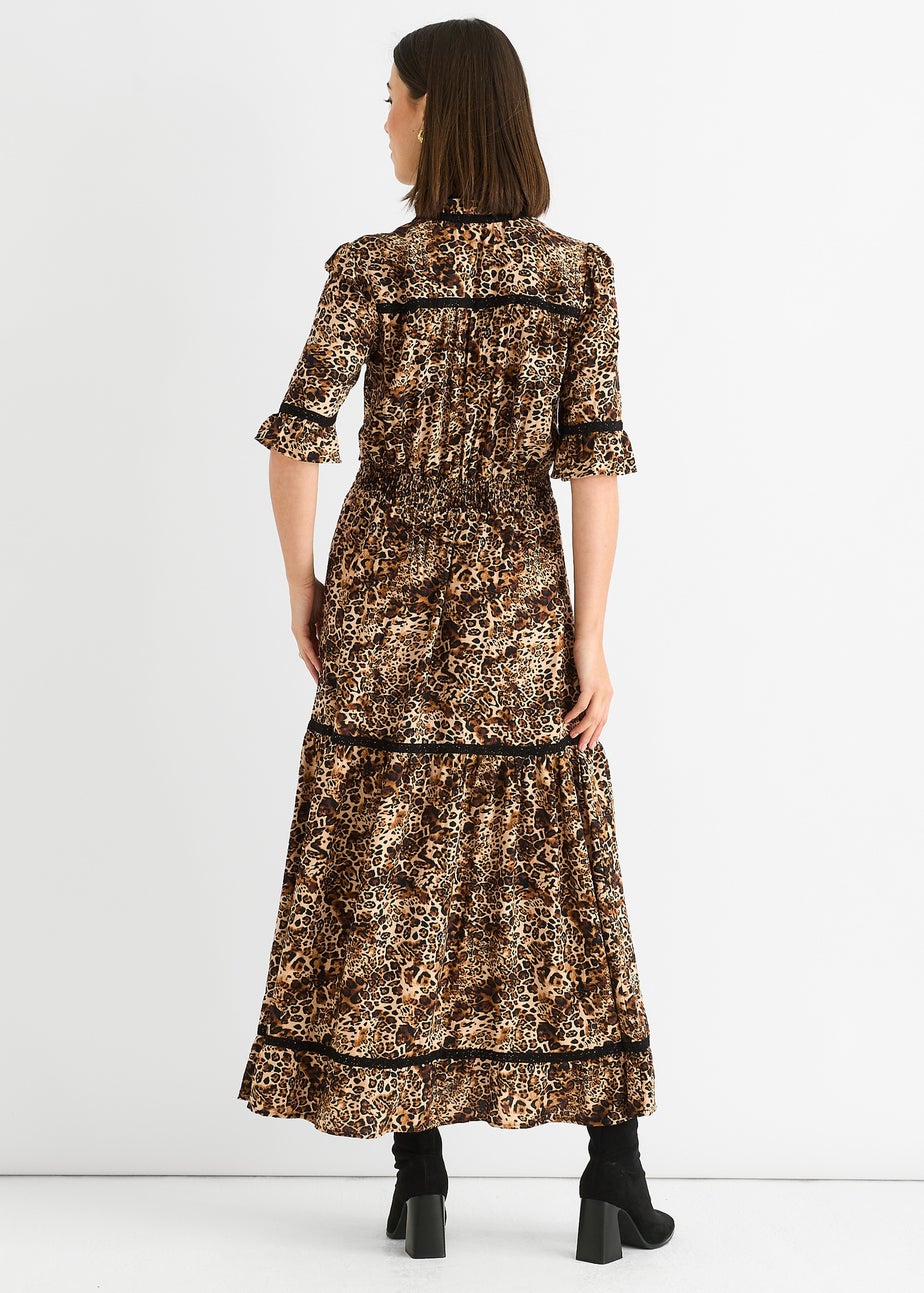 Gini London Brown Animal Print Lace Trim Tiered Midi Dress