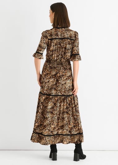 Gini London Brown Animal Print Lace Trim Tiered Midi Dress