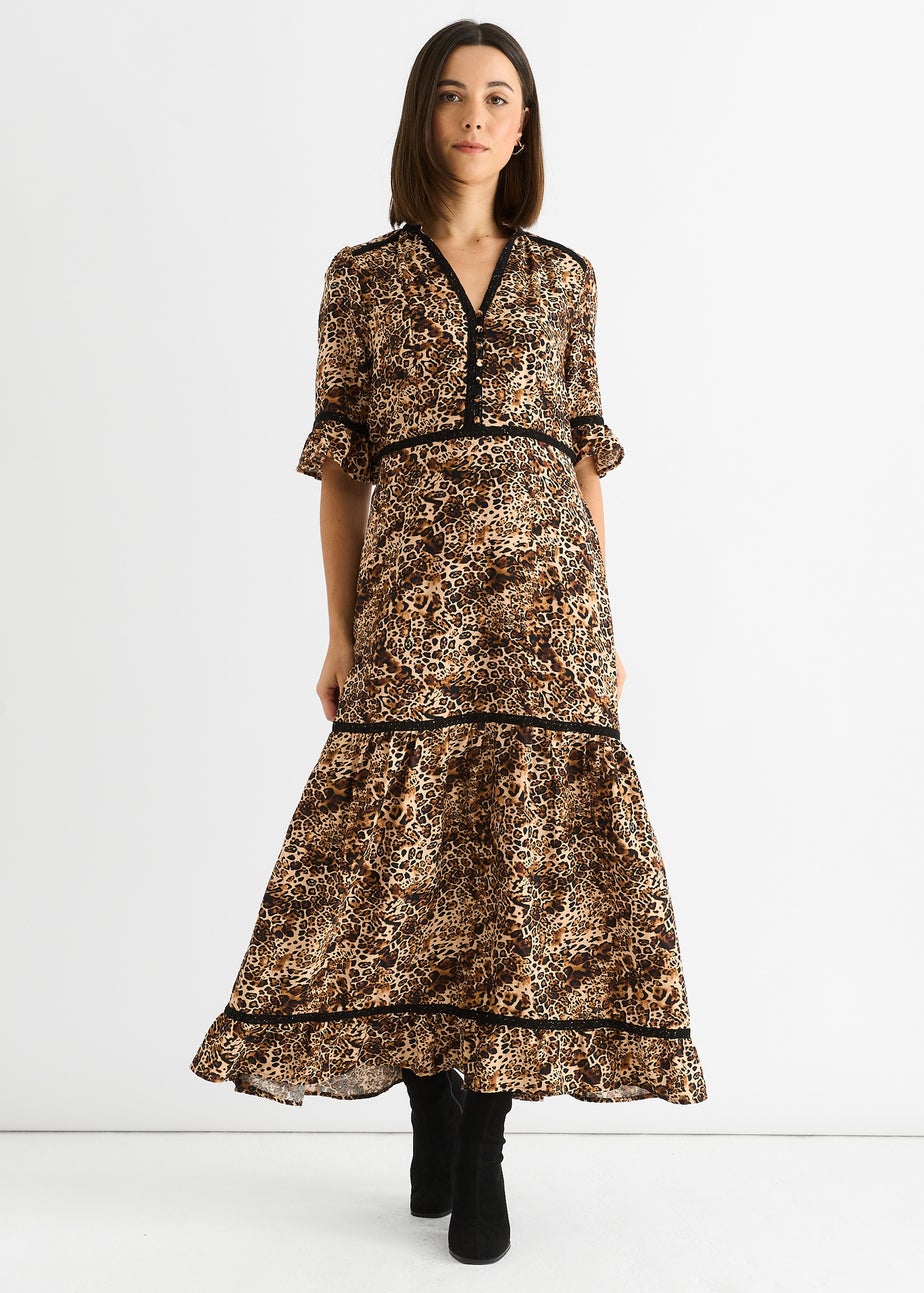 Gini London Brown Animal Print Lace Trim Tiered Midi Dress