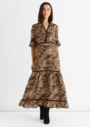 Gini London Brown Animal Print Lace Trim Tiered Midi Dress