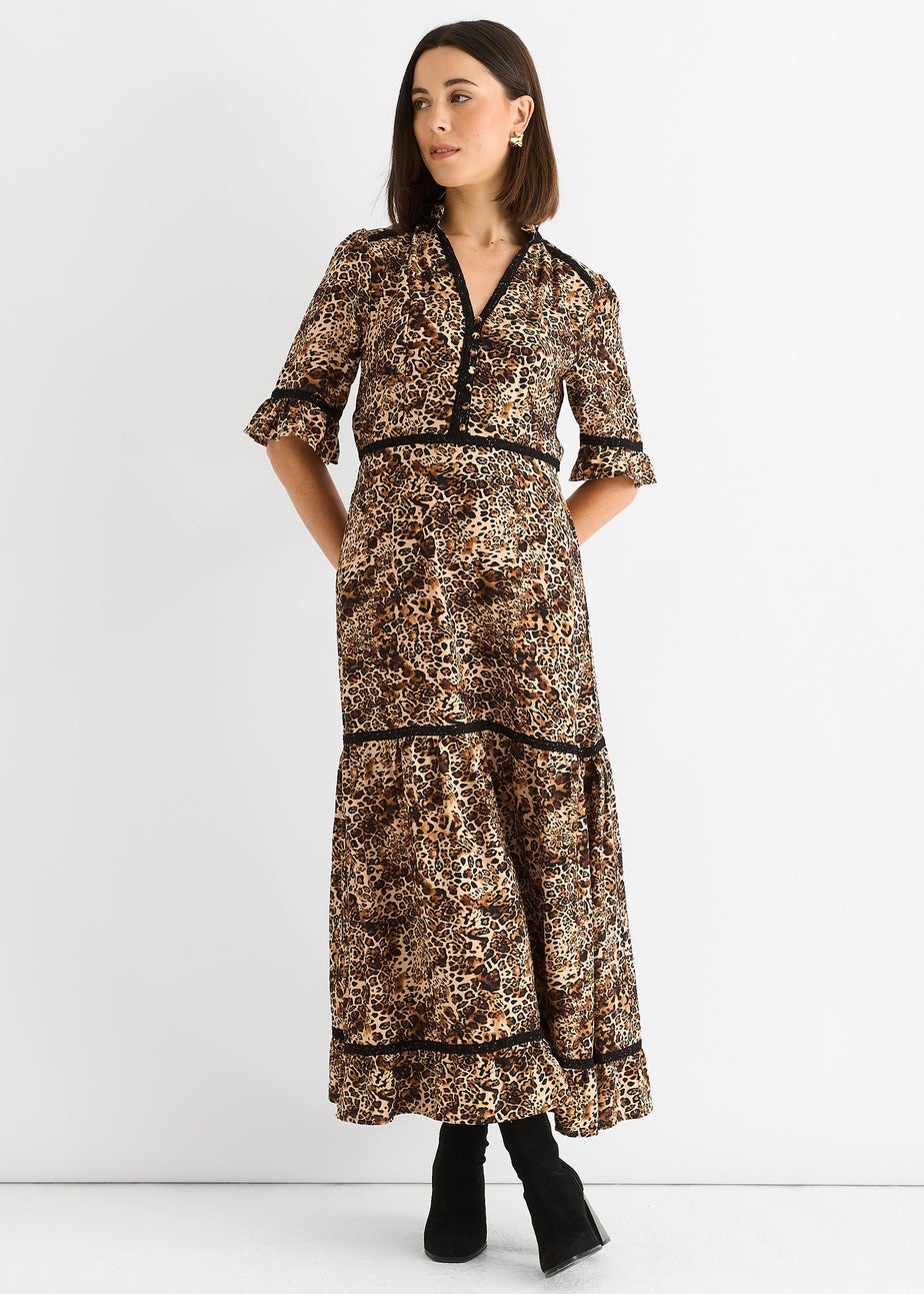 Gini London Brown Animal Print Lace Trim Tiered Midi Dress