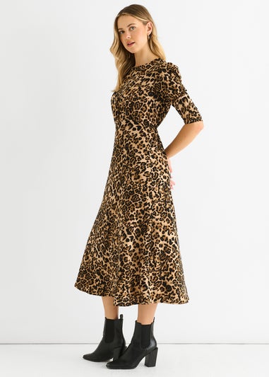 Gini London Brown Animal Print Satin Animal Shift Midi Dress