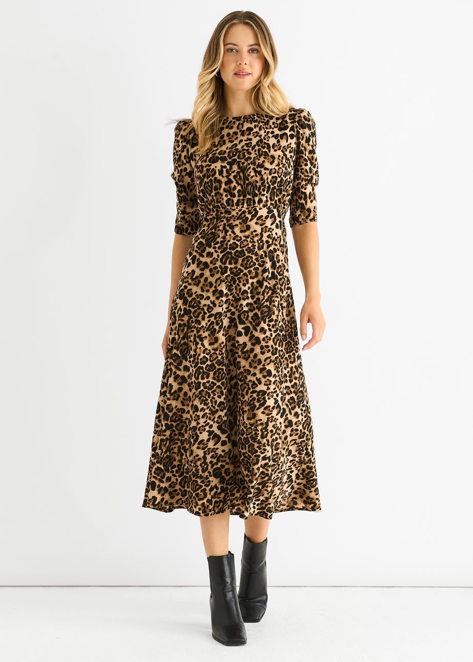 Gini London Brown Animal Print Satin Animal Shift Midi Dress