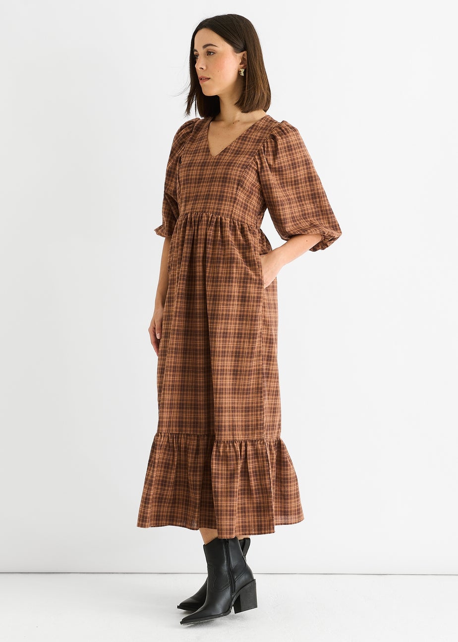 Gini London Brown Cotton Puff Sleeves V Neck Midi Dress