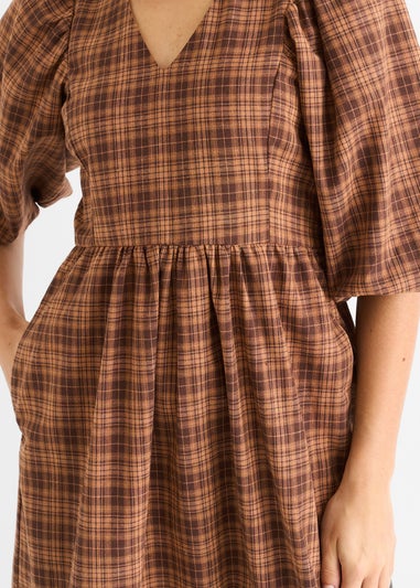 Gini London Brown Cotton Puff Sleeves V Neck Midi Dress
