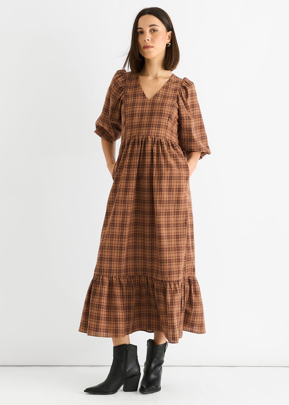 Gini London Brown Cotton Puff Sleeves V Neck Midi Dress