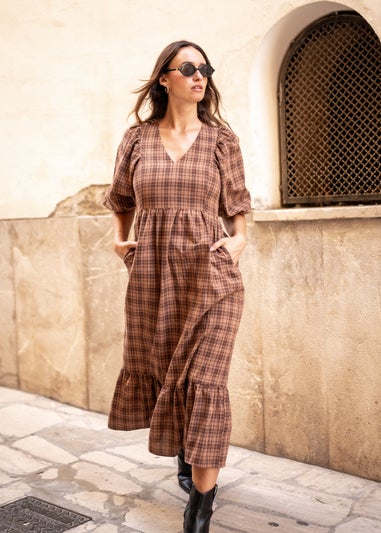 Gini London Brown Cotton Puff Sleeves V Neck Midi Dress