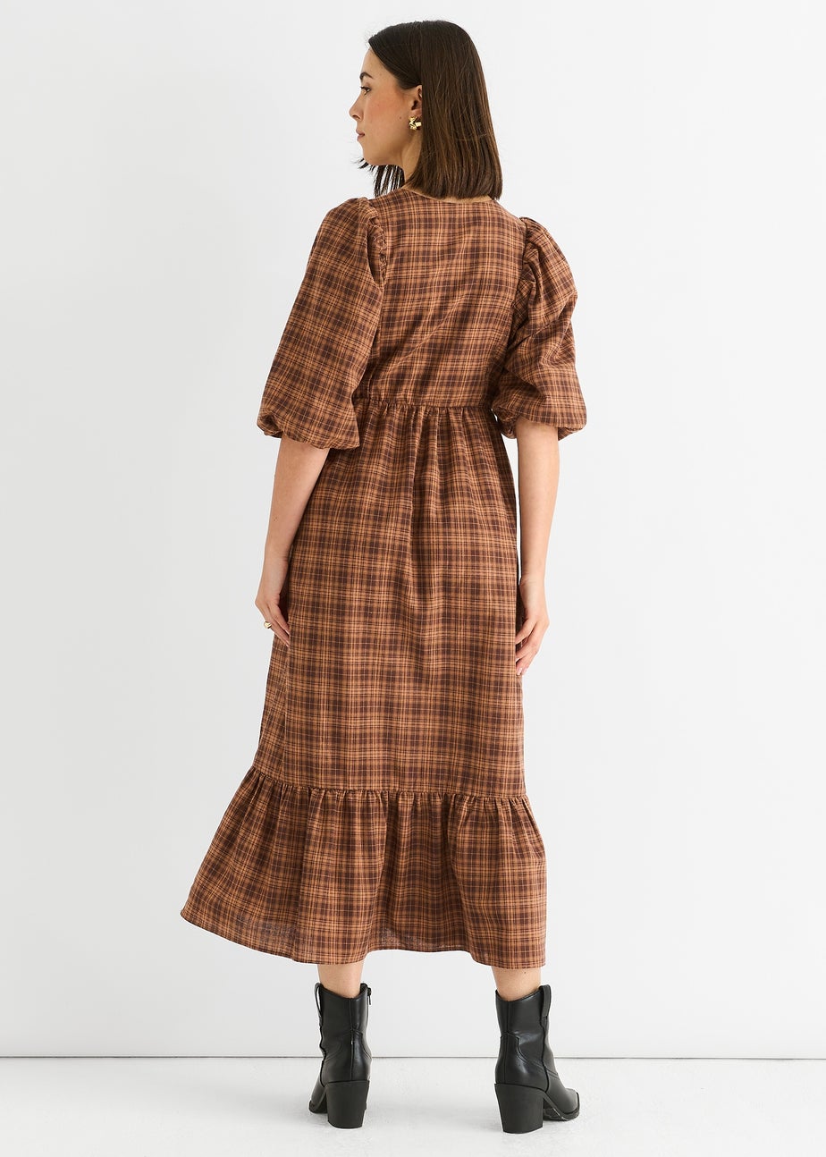 Gini London Brown Cotton Puff Sleeves V Neck Midi Dress