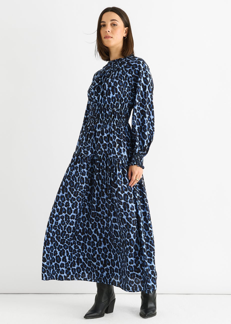 Gini London Blue Animal Print Shirred High Neck Maxi Dress