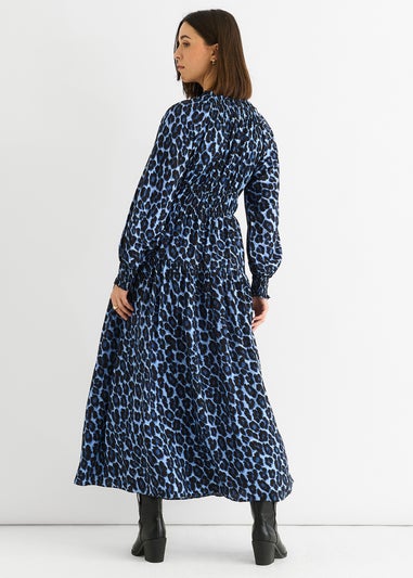 Gini London Blue Animal Print Shirred High Neck Maxi Dress