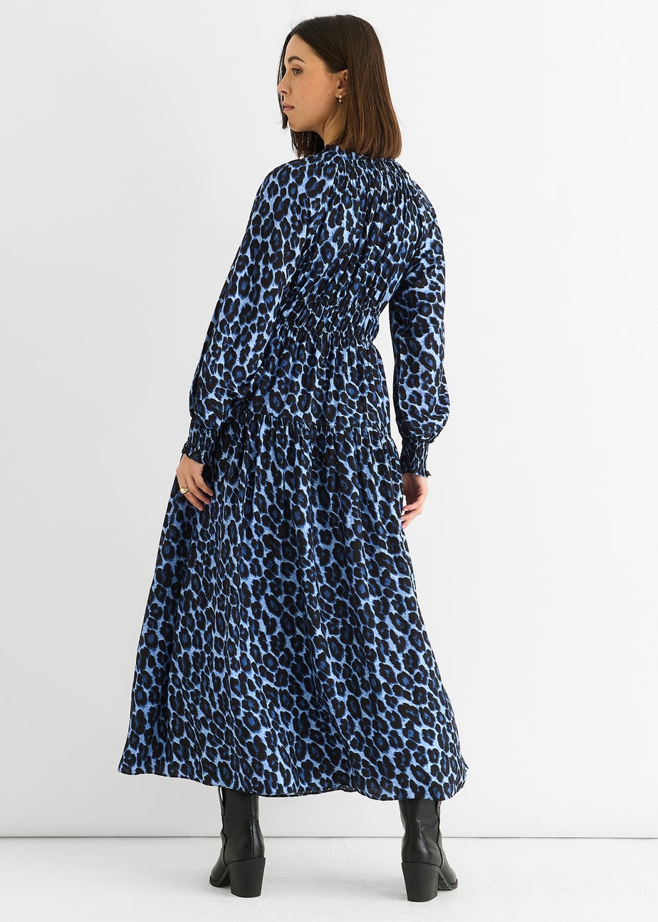 Gini London Blue Animal Print Shirred High Neck Maxi Dress