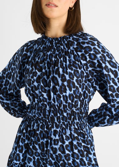 Gini London Blue Animal Print Shirred High Neck Maxi Dress