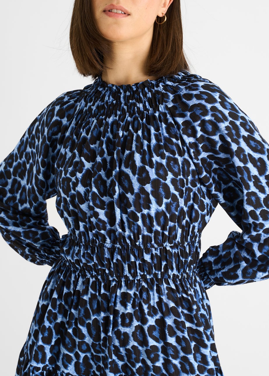 Gini London Blue Animal Print Shirred High Neck Maxi Dress
