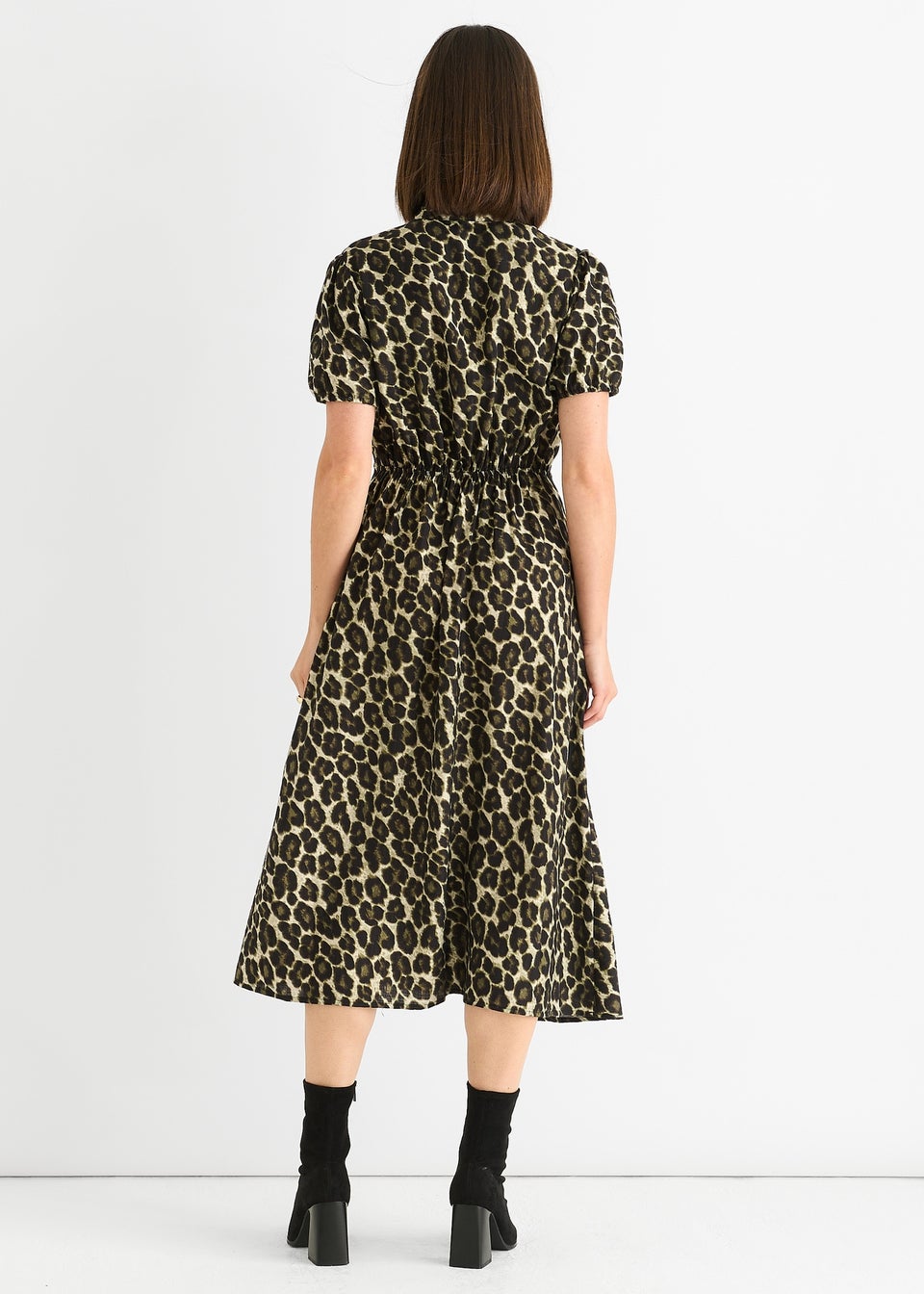 Gini London Green Animal Print Ruffle Neck Midi Dress