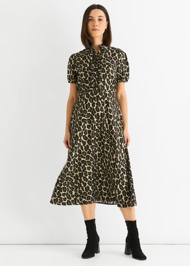 Gini London Green Animal Print Ruffle Neck Midi Dress