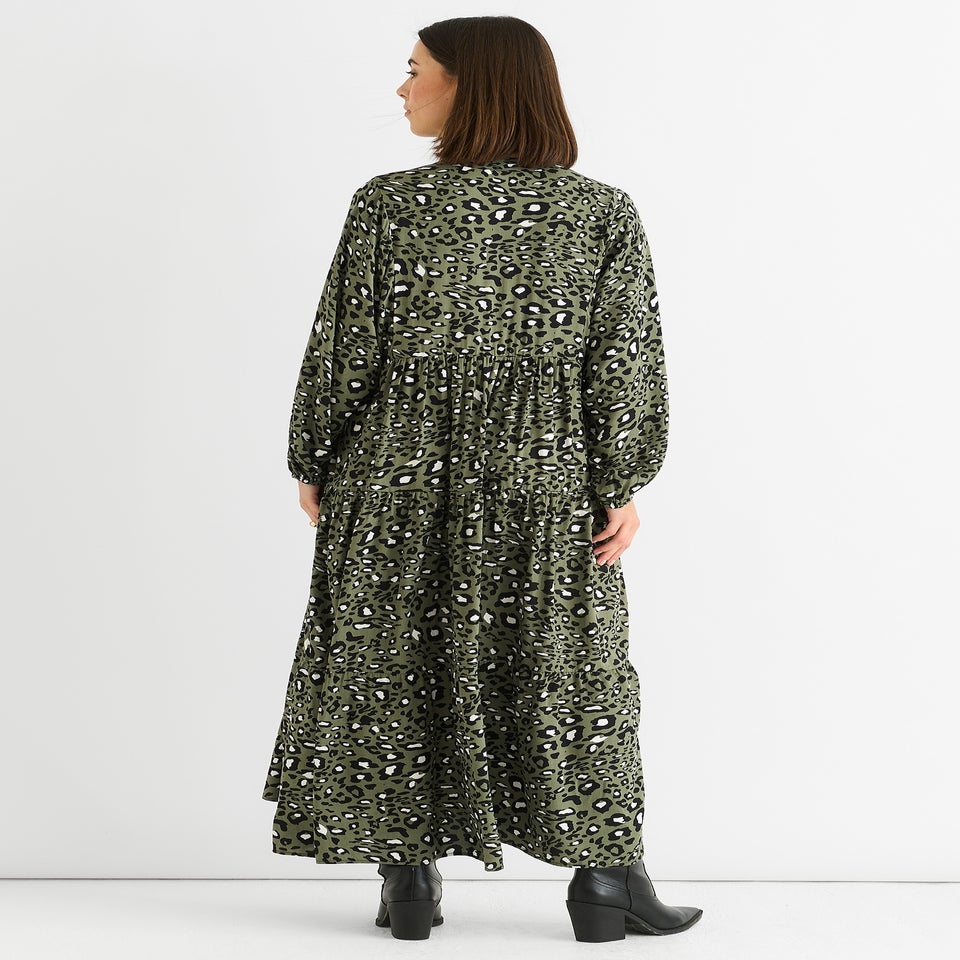 Gini London Khaki Viscose Animal Oversized Smock Maxi Dress