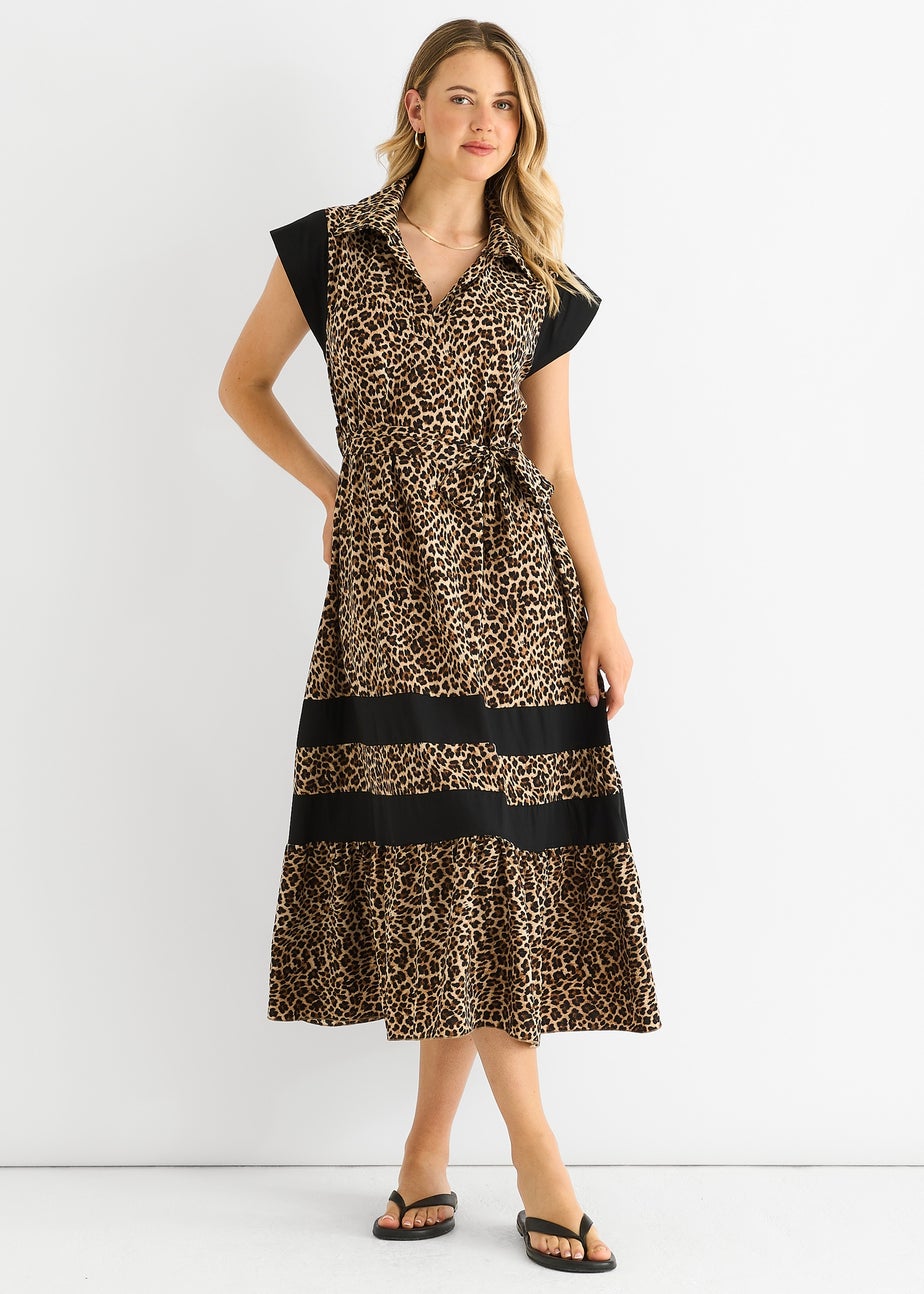 Gini London Brown Animal Contrast Panel Smock Midi Dress
