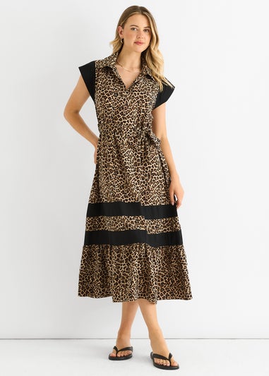 Gini London Brown Animal Contrast Panel Smock Midi Dress