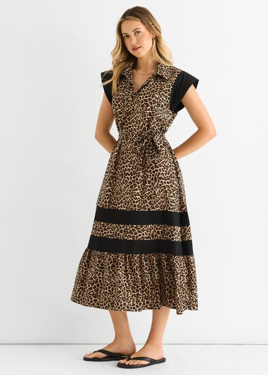 Gini London Brown Animal Contrast Panel Smock Midi Dress